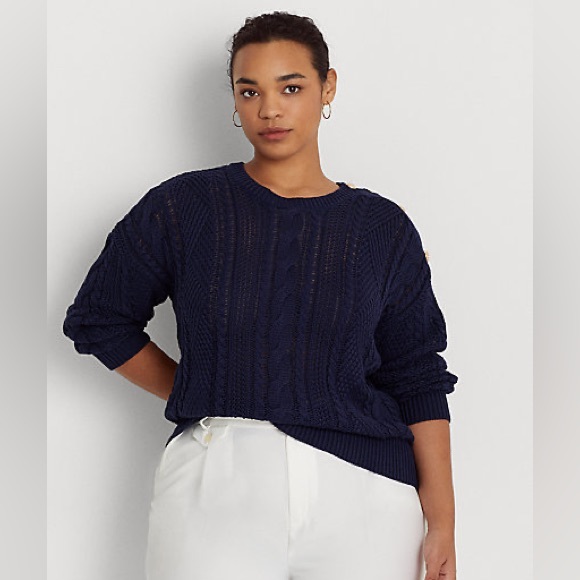 NWT $155 Lauren Woman Aran-Knit Cotton Navy Blue - Picture 3 of 11